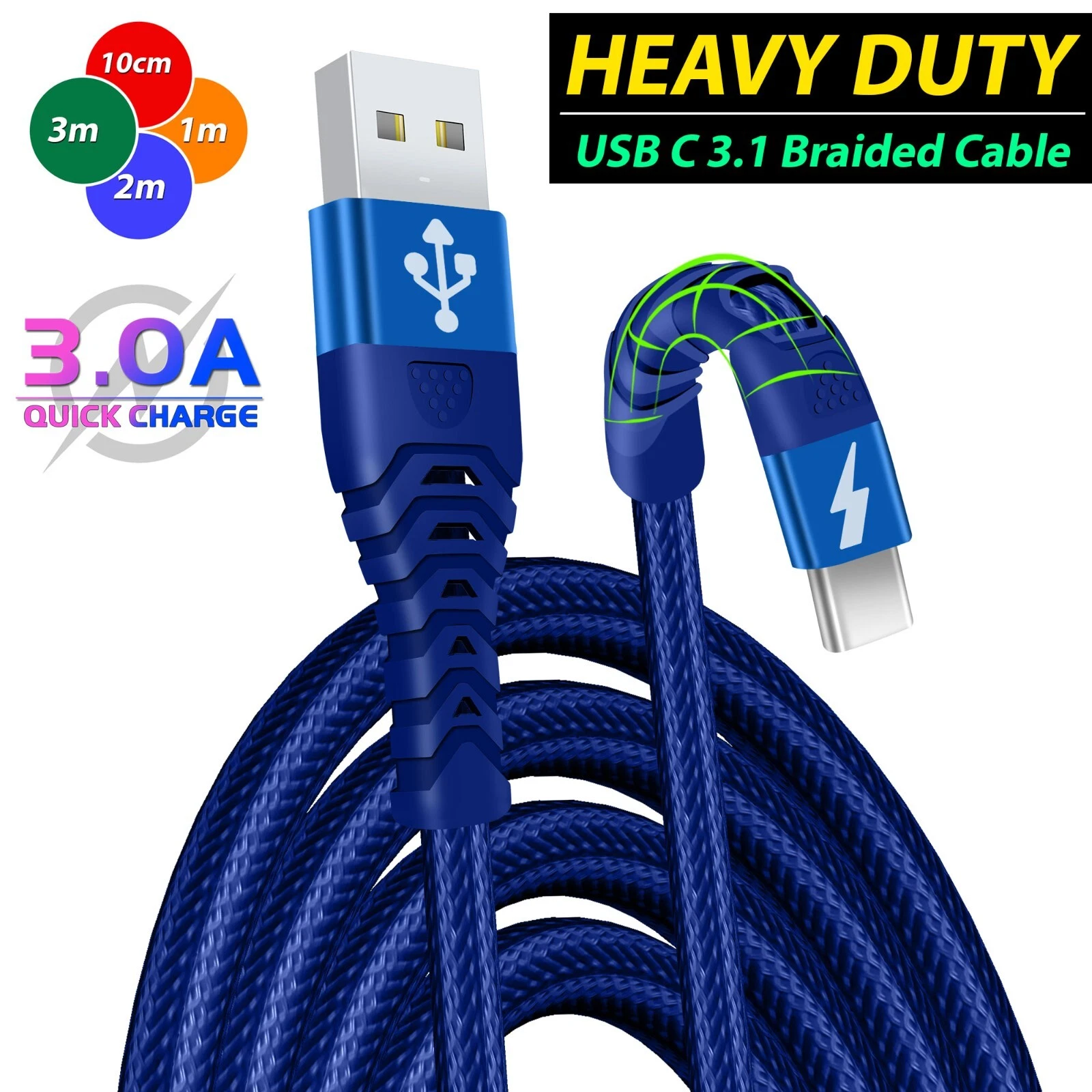 HeavyDuty USB Type C Charging Cable Braided Fast Phone Charger Long Lead 2m 3m